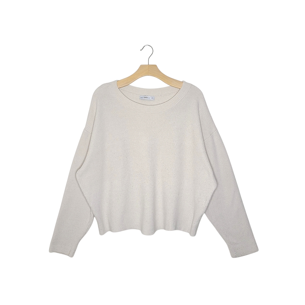 Zara Cream Ribbed Knit Long Sleeve Crewneck Sweater